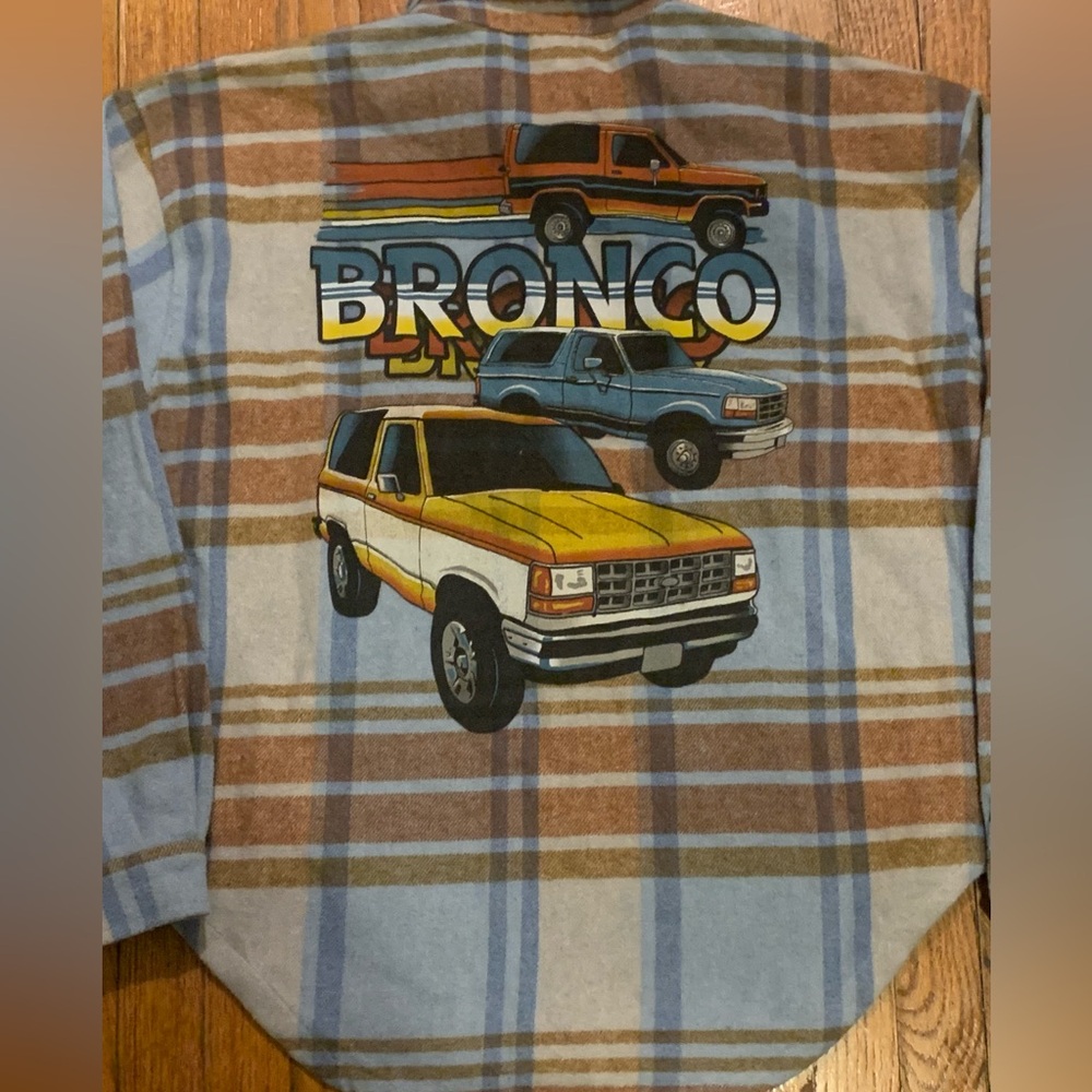 Ford Bronco Blue Flannel Plaid Womens Long Sleeve Button Shirt Womens Small